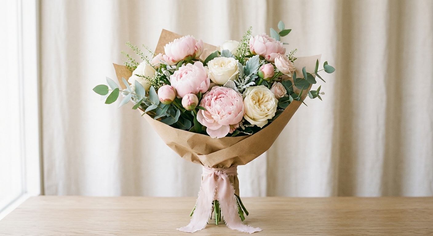 Blush peony and cream rose bouquet wrapped in kraft paper