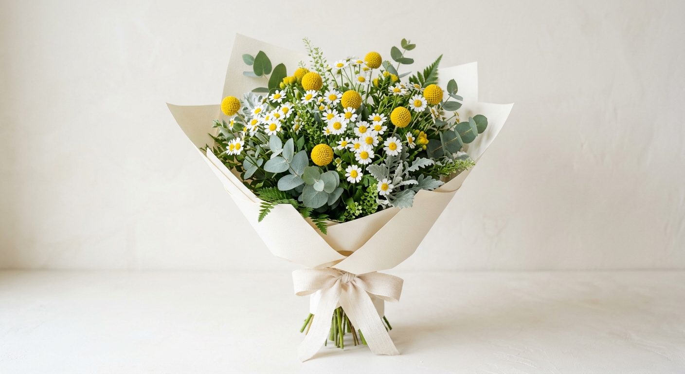 Bright daisy and craspedia bouquet wrapped in cream paper