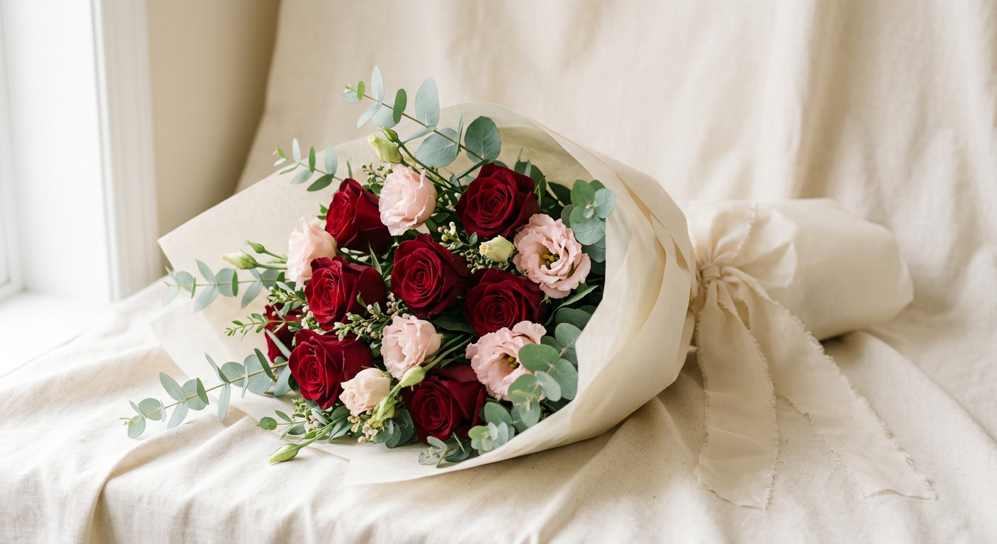 Deep red rose and blush lisianthus bouquet