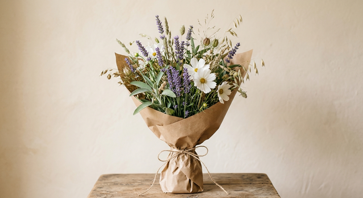 Wildflower bouquet of lavender, cosmos and dried grasses