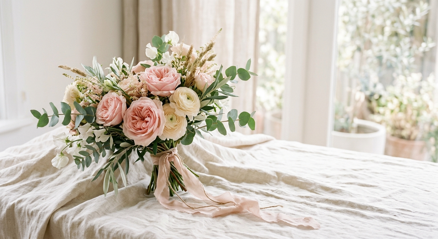 A hand-tied bouquet of blush roses, eucalyptus and cream ranunculus on a linen surface