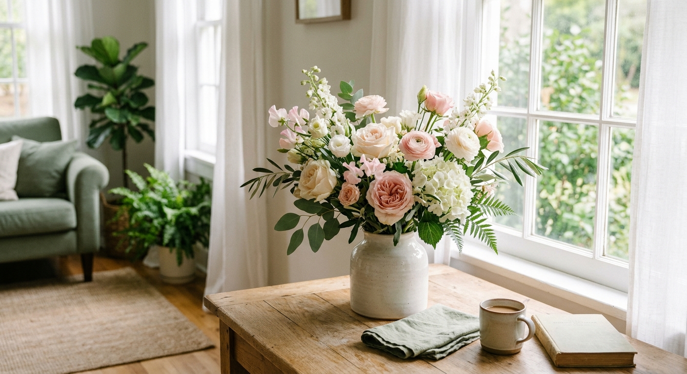 A fresh seasonal bouquet in a ceramic vase on a light wooden table by a window