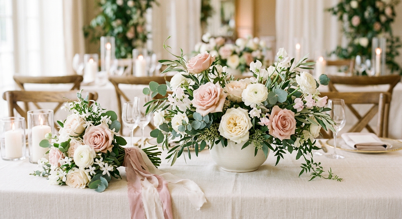 Blush and cream wedding centerpiece with eucalyptus and a bridal bouquet